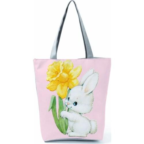 Cute Rabbit Printed Handbag Cartoon Fashion High Capacity Women Foldable Outdoor Beach Shoulder Bag Floral Reusable Shopping Bag