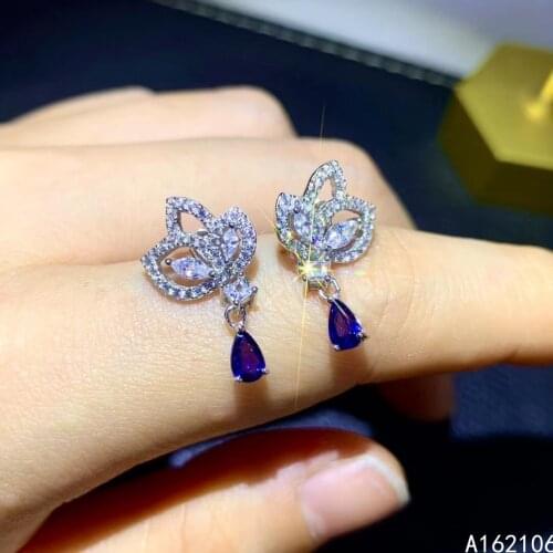 Fine Jewelry 925 Pure Silver Chinese Style Natural Sapphire Girl Luxury Trendy Plant Water Drop Gem Earrings Ear Stud Support De