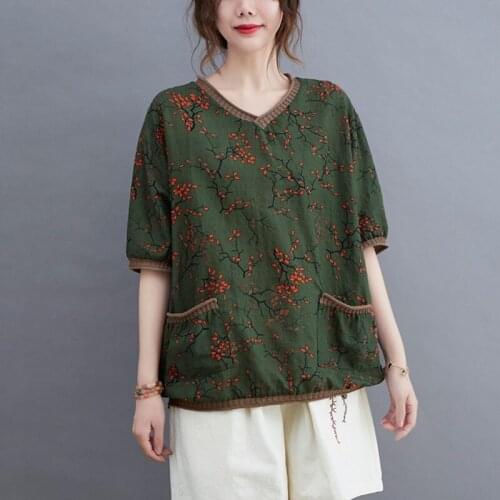 Women Cotton Linen Casual T-shirts New Arrival 2021 Summer Simple Style Vintage V-neck Print Loose Female Tops Tees B184