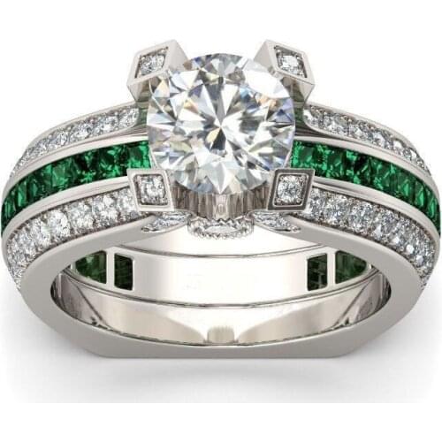 Hainon Luxury Female Ring Sets Silver Color Filled Jewelry Vintage promise Rings For Women Green Zircon Wedding Engagement Rings