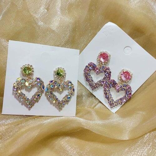Korean Purple Rhinestone Love Heart Flower Dangle Earrings Long Water Drop Crystal Jewelry Pendientes For Women Fashion