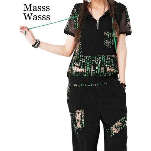 Masss Wasss 2021 British Design Women Zippers Printed Suits Ladies Hooded Two Pieces Sets Short Sleeve Mesh Tops And Loose Pants