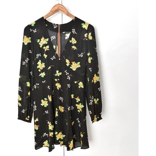 Women V-Neck Floral Print Mini Dress 2021 Summer Autumn Ladies Slim Waist Holiday Elegant Short Robes Sweet