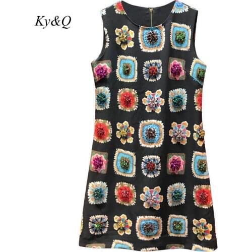 High Quality Runway Vestidos 2020 Sutumn Women Luxury Elegant Printing Chic Diamond Black Sleeveless Sexy A-line Dress