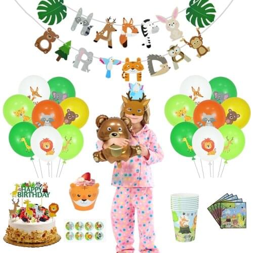 Animal Party Balloon Jungle Safari Zoo Party Disposable Tableware Set Cake Toppers Baby Shower Kids Birthday Party Supplies