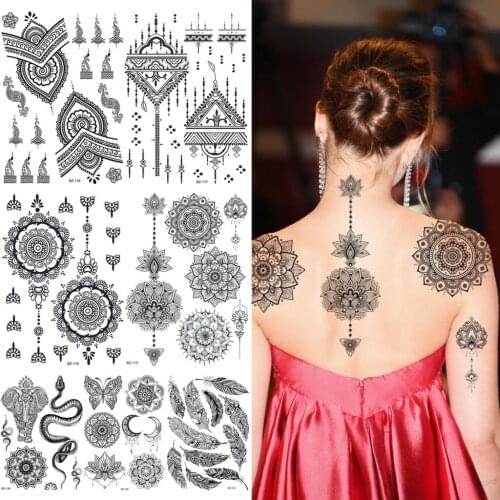 Mandala Flower Henna Temporary Tattoos For Women Adults Realistic Elephant Snake Butterfly Moon Lotus Fake Tattoo Sticker Tatoos