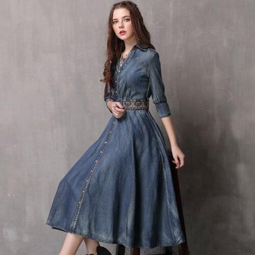 DUISNENA long boho dress blue denim cotton women dresses v-neck slim robe casual floral embroidery vintage vestidos