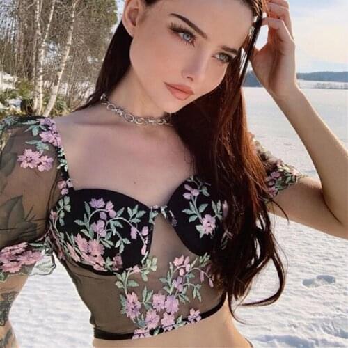 Elegant Women Vintage Short Puff Sleeve Flower Embroidery Square Neck Elastic See-through Sheer Mesh Shirts Blouse Tops
