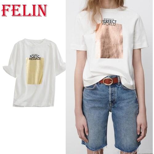 FELIN 2021 Za Fashion Women Summer White Tshirt O-Neck 100%Cotton Short Sleeve Printed Stretch Shirt Mujer Tops Casual Blouses