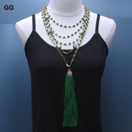 GuaiGuai Jewelry 5 Rows White Pearl Cz Green Crystal Chain Necklace Pearl Tassel Pendant Handmade Vintage Party Style For Women