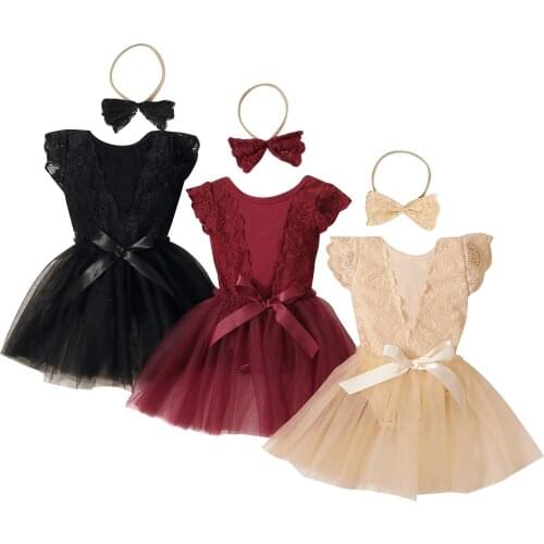 Baby Girls 2Pcs Summer Outfits, Cute Fly Sleeve Lace Romper + Tulle Skirt + Headband Set