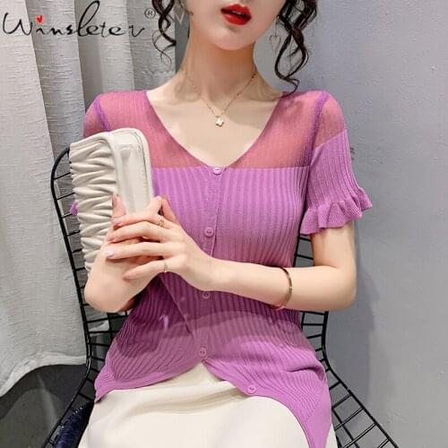 Summer Korean Clothes Knit T-Shirt V-neck Buttons Patchwork Irregular Women Tops Short Sleeve Ruffles Tees 2021 T13404A