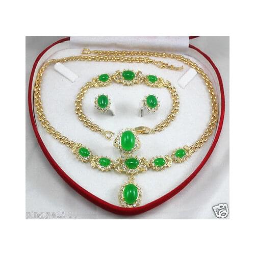 Hot sale >> womens jewelry green stone yellow gold plate Earring Bracelet Necklace Ring