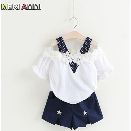 MERI AMMI 2pcs Children Girl Clothing Outfit Set V-neck Lace Tee+Stars Shorts For 3-13 Year Baby Kids P001