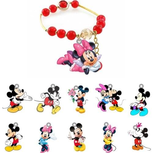 Disney Fashion Minnie Mickey Dancing Modeling Bracelet Red Bead Charms Resin Bracelet Womens Gift For Friends