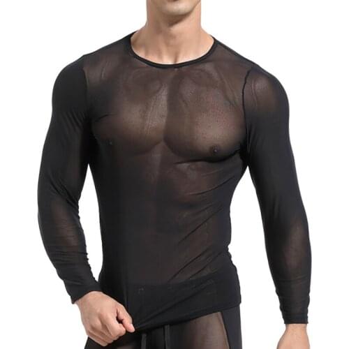 Men Mesh Undershirt Sexy Transparent Long Sleeve T-shirts Sheer Slip Homme Underwear Fitness Quick Dry Sportswear Singlet Shirts