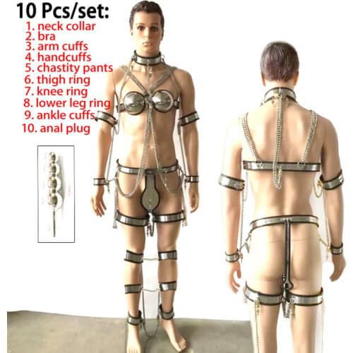 Manyjoy Stainless Steel 10 pcs/set Sex Toys Male chastity belt slave Collar Bra hand ankle cuffs anal plug bdsm bondage kit