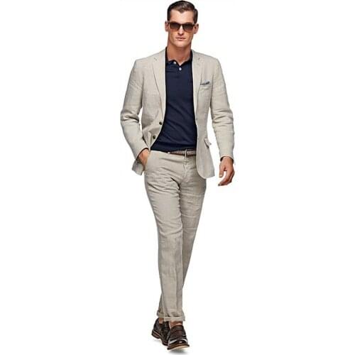 2017 Latest Coat Pant Designs Beige Linen Men Suit Beach Slim Fit 2 Piece Suits Summer Groom Tuxedo Custom Masculino Jacket+Pant