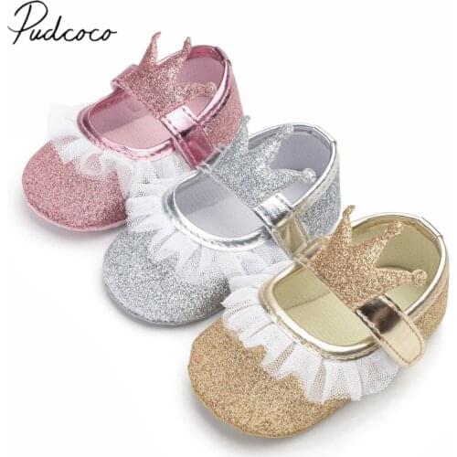 2019 Brand New Newborn Infant Baby Girl Princess Lace Crown Shoes Sequined Cotton Soft Sole Crib Prewalker Shoes First Walkers