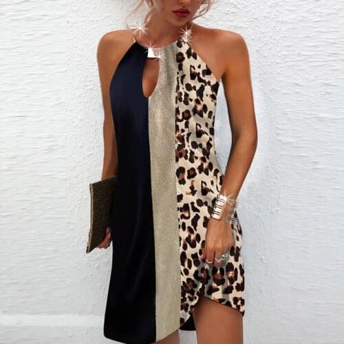New Women Summer Sexy Sleeveless Backless Club Party Dresses Fashion Leopard Patchwork Casual Mini Dress Elegant Metal Halter