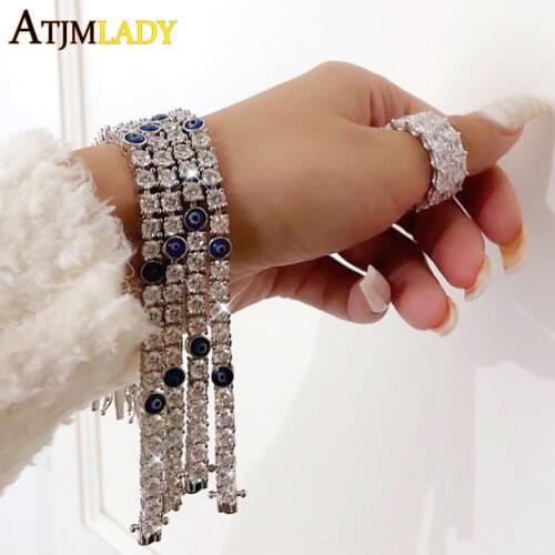 2021 New Arrived Fashion Women Jewelry Micro Pave White Blue Cubic Zirconia CZ Turkish Evil Eye Charm Tennis Chain Eye Bracelet