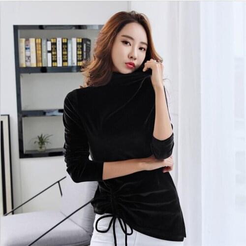 Autumn Winter Long Sleeves Women Tops Solid Velvet Side Drawstring Irregular T-Shirt Design Sense Tops Vestidos Plus Size M-8XL