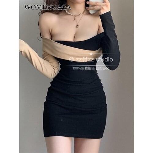 WOMENGAGA Autumn New Korean Slash Neck Irregular Elegant Strapless Sexy Mini Party Dress Korean Women Dresses Vintage B1TG