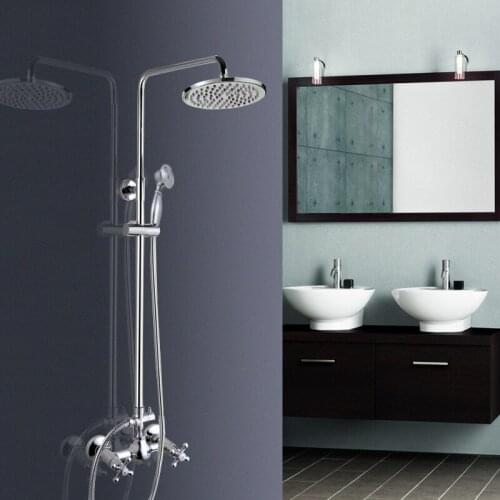 Polished Chrome Bathroom Rain Shower Faucet Set with Handheld Shower Tap Dual Cross Handles 8 inch Round Shower Head acy304