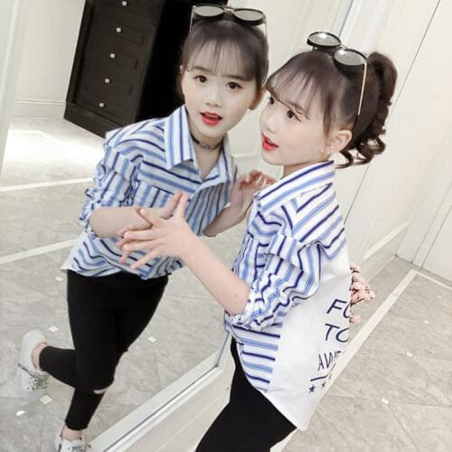 2020 Striped Shirts for Girls Autumn School Blouse Cotton Blue Red Stripe Clothes Fot Toddler Baby 9 To 10 Years Girls Tops Fall