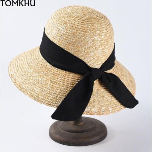 New Women Sun Hats Female Natural Wheat Straw Summer Cap Wide Brim Beach Hat Wide Black Ribbon Lace-up Straw Hat Chapeu Feminino