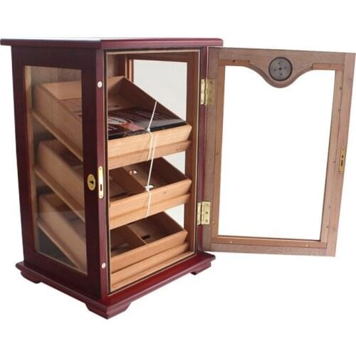 Three layers Red Tempered Glass Cigar Box Wood Piano Paint Display Small Cabinet Humidifier Humidor With Lock Business gifts