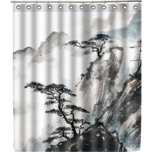 Landscape Painting Polyester Fabric Shower Curtain Bathroom Decor Leaf Stone Waterproof Cortina De Bano with Hooks Zen