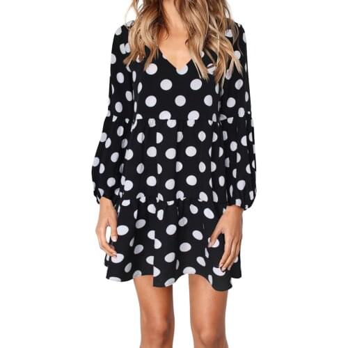 40# Dot Print Dress Women Boho Lantern Sleeve Cool V-neck Casual Sundress Elegant Dress Plus Size Vintage Casual Harajuku Dress