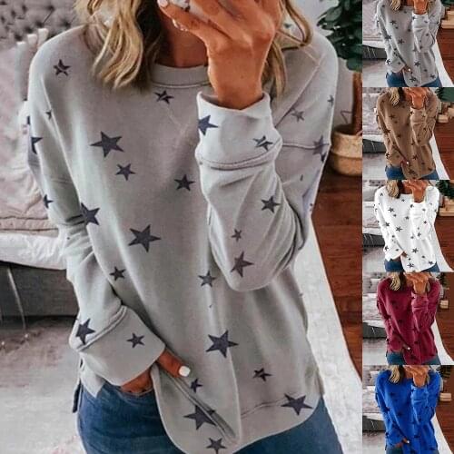 Women Round Neck Top Star Print Fall Casual Sweatshirt Open Side Poleron Mujer Harajuku Loose