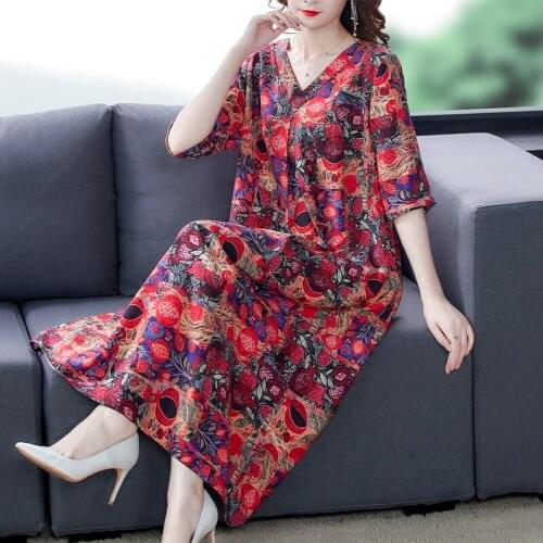 Summer Boho 4XL Plus Size Women Sundress 2021 Vintage Casual Red Floral Mulberry Silk Midi Dress Elegant Bodycon Party Vestidos