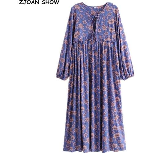 2021 Spring Bohemia Bandage Lacing up Collar Blue Floral Print Dress BOHO Woman Long Sleeve Ankle Length Holiday Dresses Beach