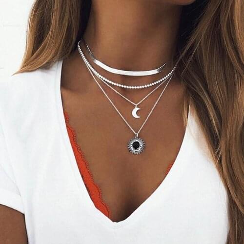 European And American Vintage Exaggerated Multilayer Women Necklace Metal Alloy Moon Round Turquoise Glasses Pendant