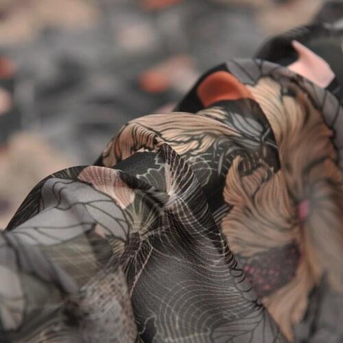 112CM Wide 10MM Print Thin Black Gray Silk Georgette Fabric for Summer one-piece dress Shirt Clothes J228
