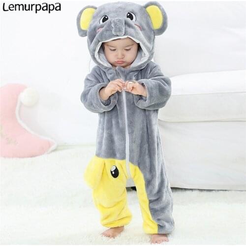 2021 Winter Kigurumis Baby Rompers Clothes Boys Girls Onesie Toddler Animal Elephant Flannel Soft Jumpsuit Infant Baby Hooded