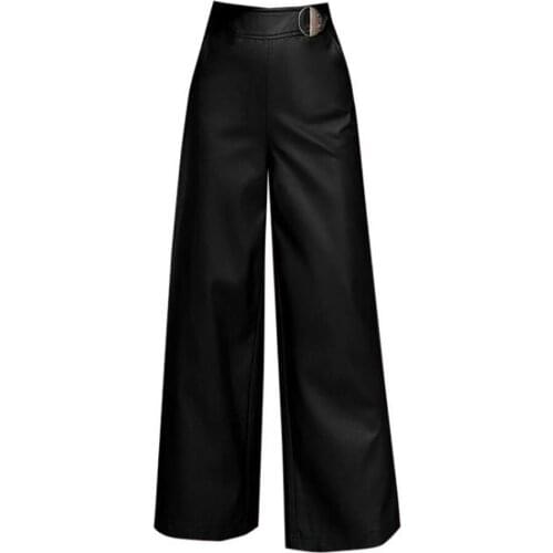 2021 Spring Autumn PU Leather Wide Leg Pants Black Red Thick High Waist Ankle-Length Loose Office Ladies Womens Trousers Bottoms