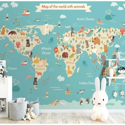 Custom Photo 3D Cartoon Animal World Map Children Room Kids Bedroom Background Waterproof Self-adhesive Mural Papel De Parede 3D
