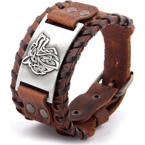 Viking Compass Genuine Leather Bracelet for Man Bangle Nordic Viking Wolf head Wrap Jewelry Accessories