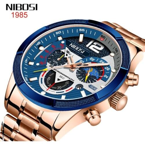 NIBOSI New Business Men Quartz Watch Luminous Moon Phase Calendar Stainless Steel Strap Chronograph Men Watch Relogio Masculino