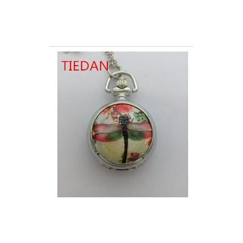 New Fashion quartz White steel silver dragonfly enamel Flip clock pendant girl women Gift Necklace pocket watches