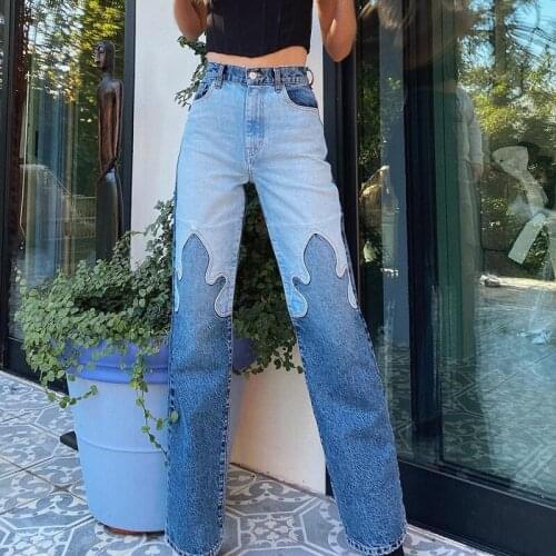New personality flame stitching contrast color high-waist casual straight-leg jeans trousers