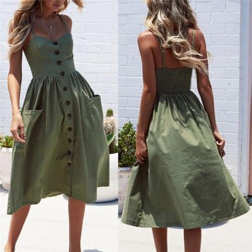Elegant Button Women Dresses Sexy Straps V Neck Off Shoulder Backless Pocket Midi Dress Vintage Lady Beach Dress Summer Vestidos