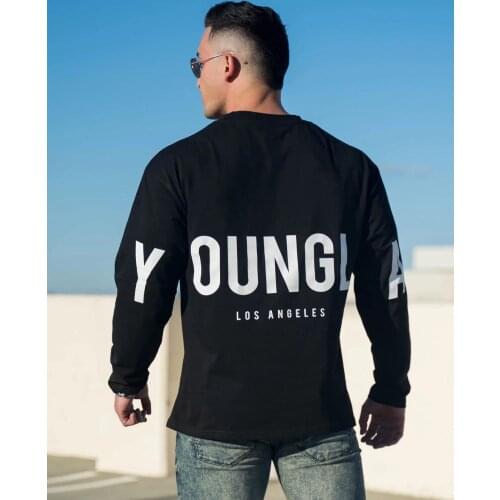 New Casual Long Sleeve Cotton T-shirt Men Fitness Bodybuilding Workout Loose T Shirt Male Print Tee Tops Sporty Brand Clothing