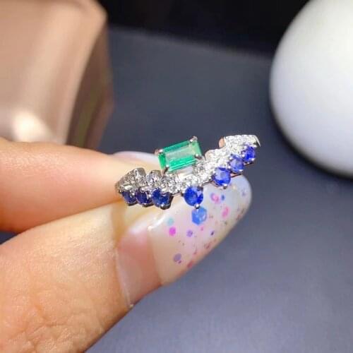 Natural green Emerald Ring Natural blue sapphire S925 silver lovely Row crown Square circle women girl gift party fine Jewelry