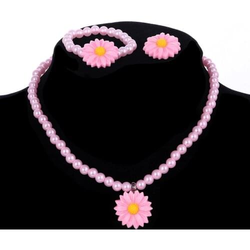 Sweet Style Imitation Pearl Beaded Kid Jewelry Resin Daisy Flower Pendant Necklace Bracelet Ring Jewelry Sets 3pcs/lot