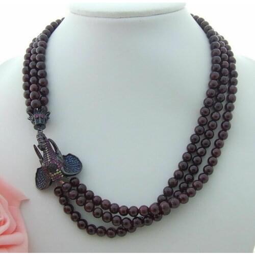 Beautiful 19'' 3 Strands Natural 6mm Garnet Necklace Zircon Elephant Pendant
